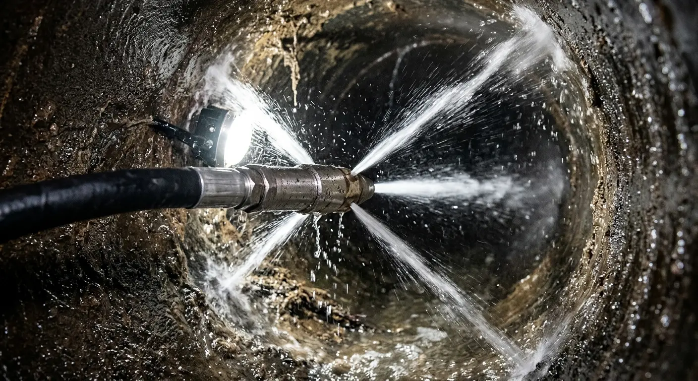High-pressure hydro jetting nozzle cleaning sewer pipe for Sewer Cleanout in Commerce