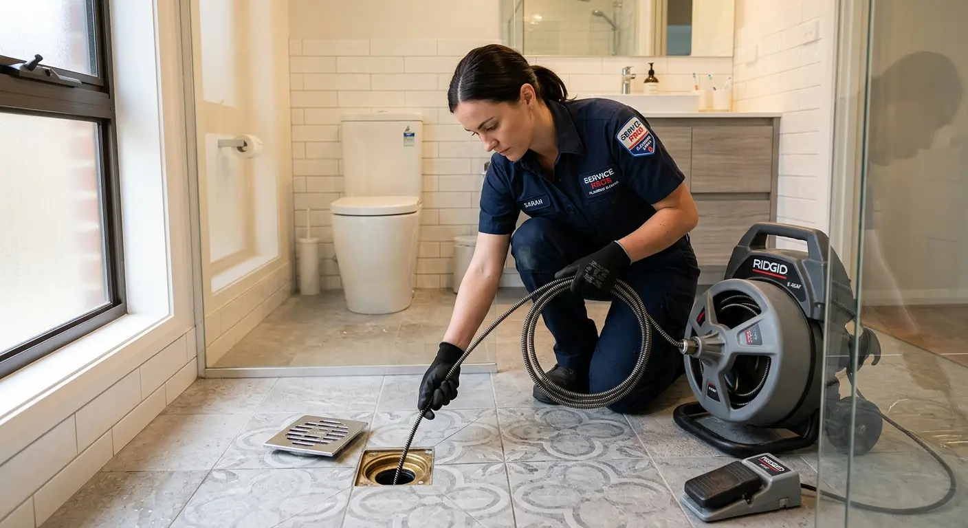 Technician clearing a bathroom floor drain for Sewer Line Replacement in Commerce